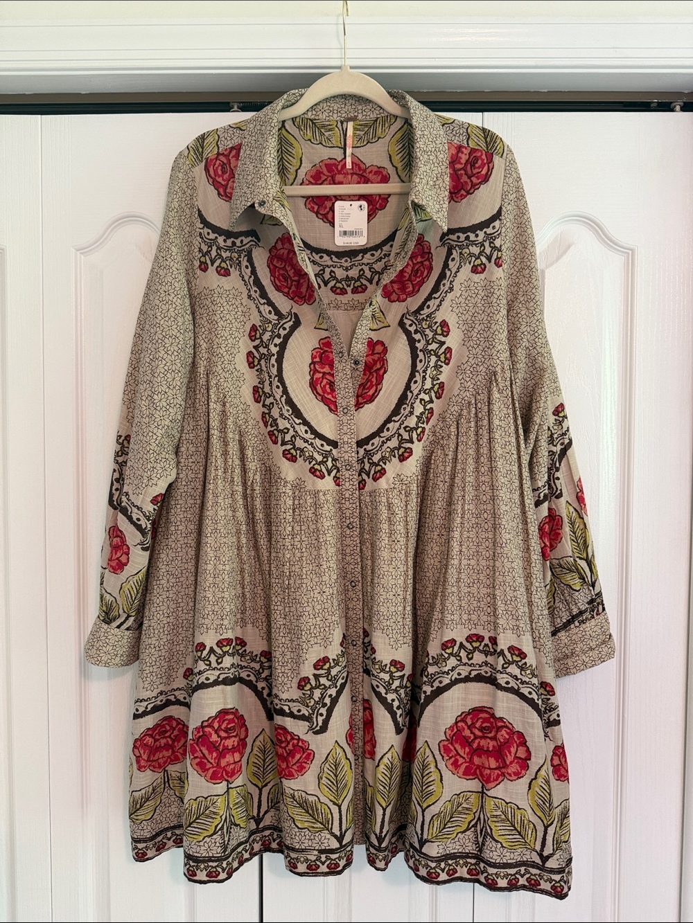 NWT Free People Beige Tunic with Red Rose Border Print